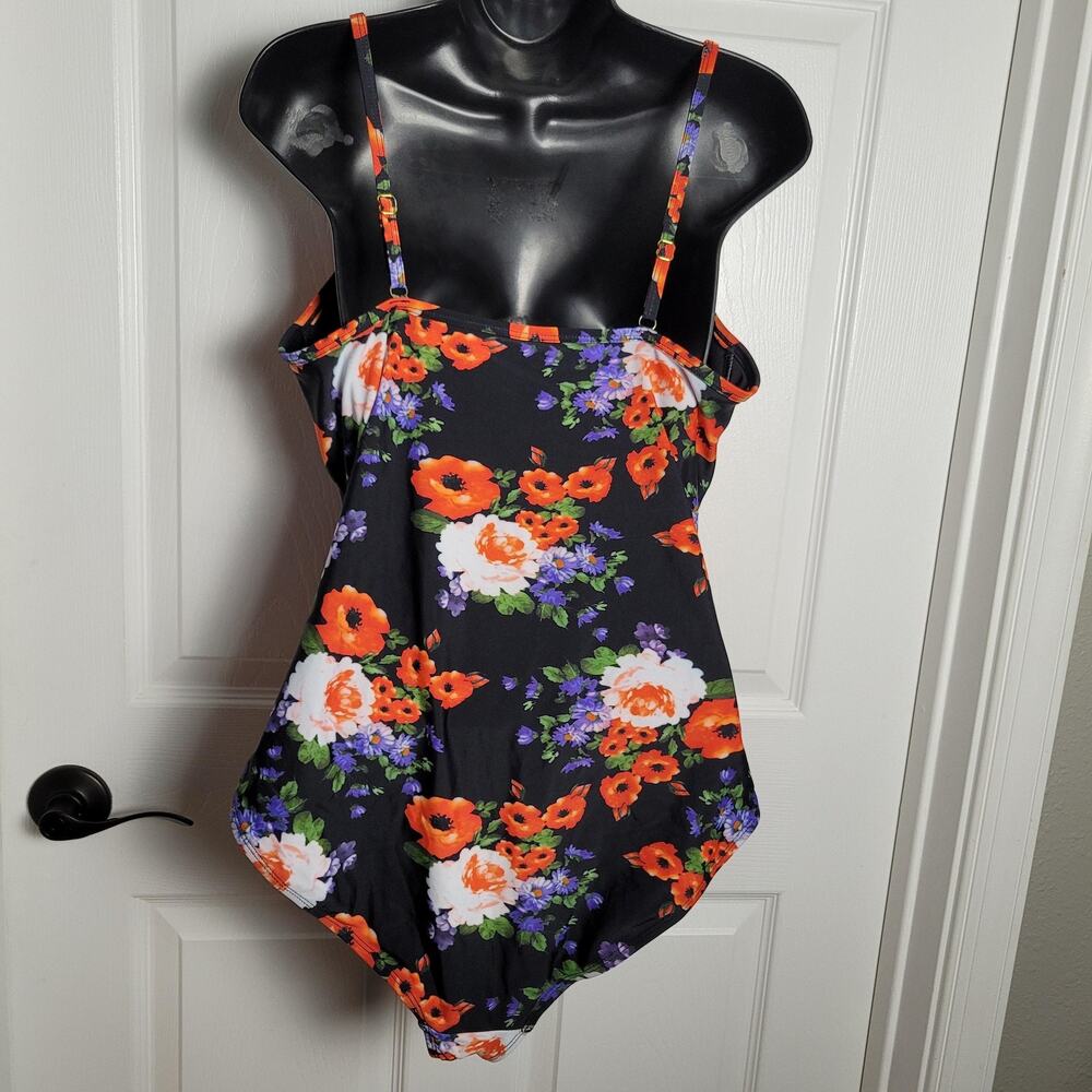 Hilor Swimsuit Womens 16 Black Floral One Piece Padded Adjustable Straps Ruched - Picture 6 of 12